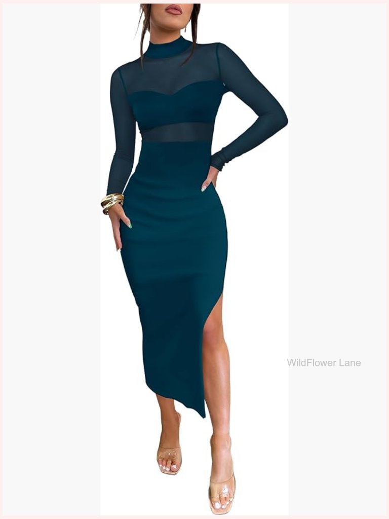 Long Sleeve Mock Neck Bodycon Midi Dress 3 Piece Set Sheer Going Out Club Night